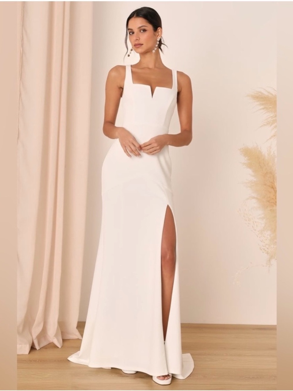 Lulu's Ivory Square-Neck Maxi Dress with High Slit